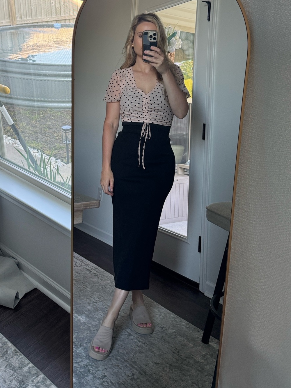 LE LIS Polka Dot Sheer Puff Sleeve Top - Peachy Tone Cream and Black - Picture 14 of 14